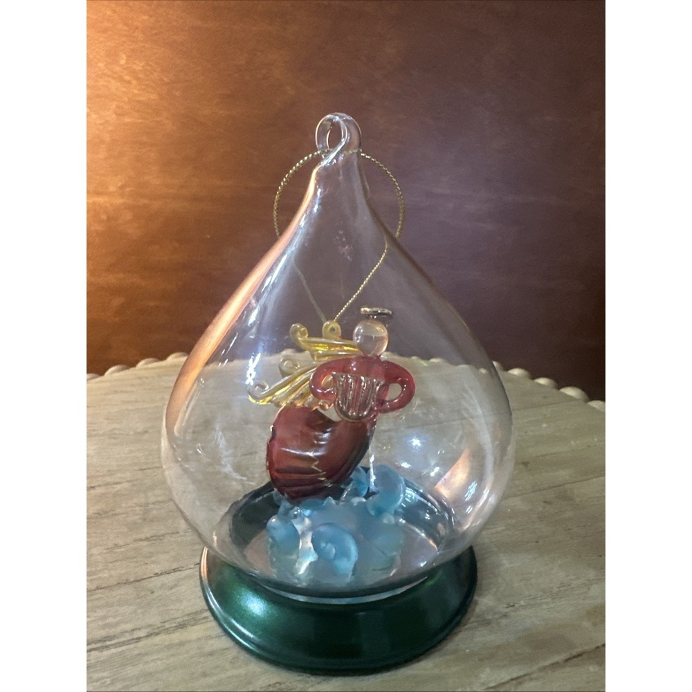 Hand Blown Angel With Harp Glass Teardrop Ball Vintage Handmade Ornament